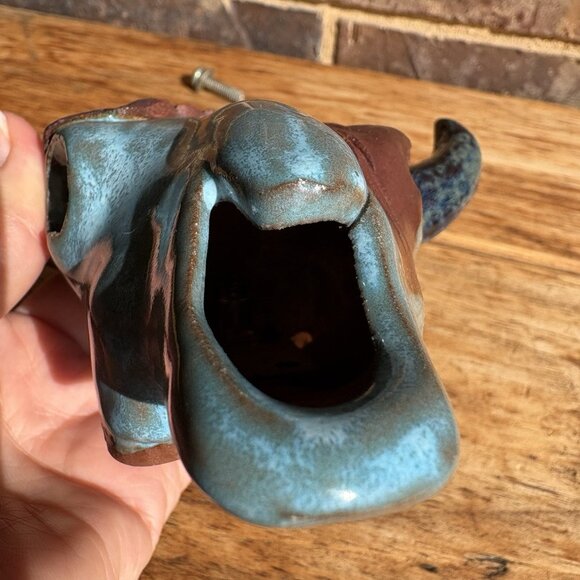 Glazed enamel pottery bull skull with mounting bolt Turquoise/Aqua Terracotta 5” - Picture 9 of 16